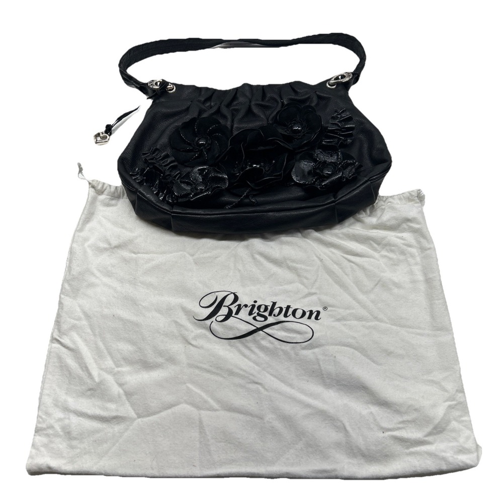 Brighton Black Leather Floral Embellished Shoulder Bag w/ Dust Bag Purse